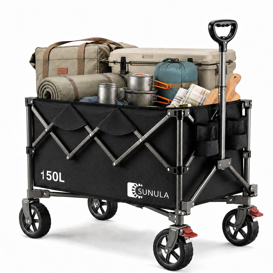 SUNULA Bollerwagen Faltbar 150L 120KG, Handwagen Geländegängig mit Bremsen Schwarz 150 L, Schwarz 15