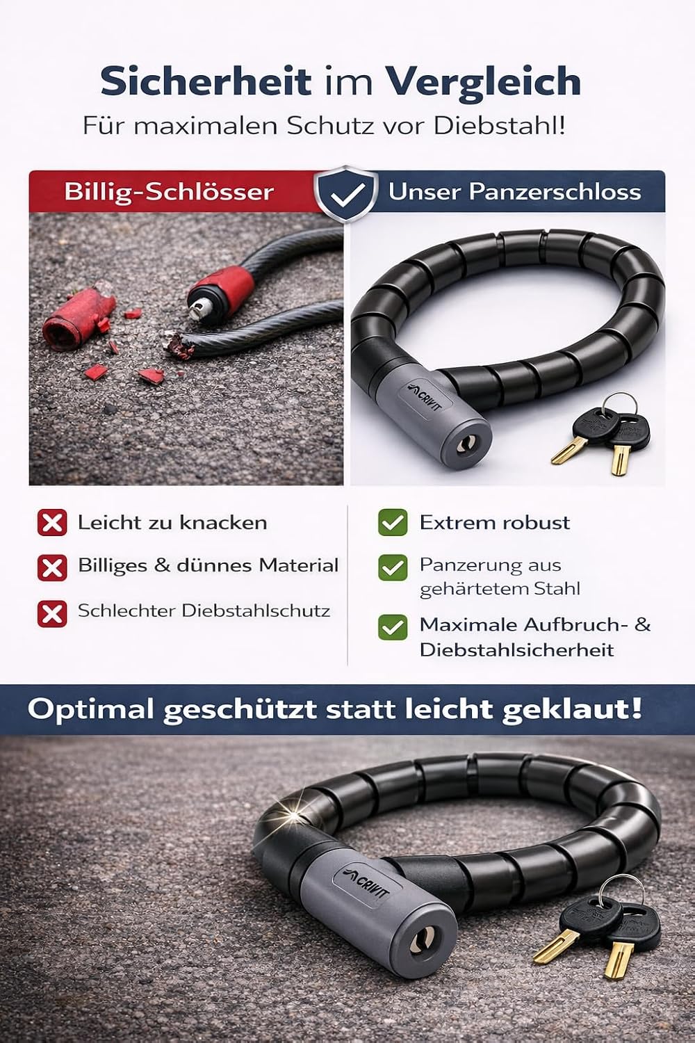 Fahrrad Panzerschloss, Sicherheitsschloss für Fahrräder, Robustes Fahrradschloss