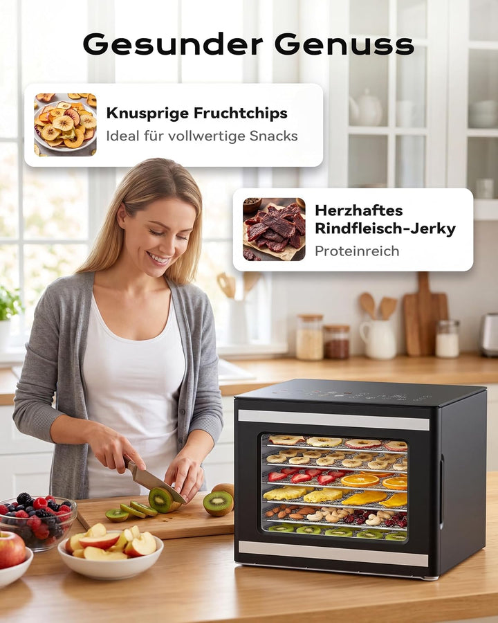 TRIUMPHKEY Dörrautomat mit 6 Edelstahl-Dörrtabletts, Dörrgerät für Obst, Gemüse, Fleisch, Pilze, Krä