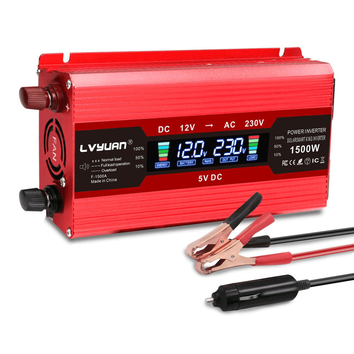 LVYUAN Wechselrichter 12V 230V 1500W Spannungswandler Stromumwandler Inverter mit 2 USB LCD EU Steck