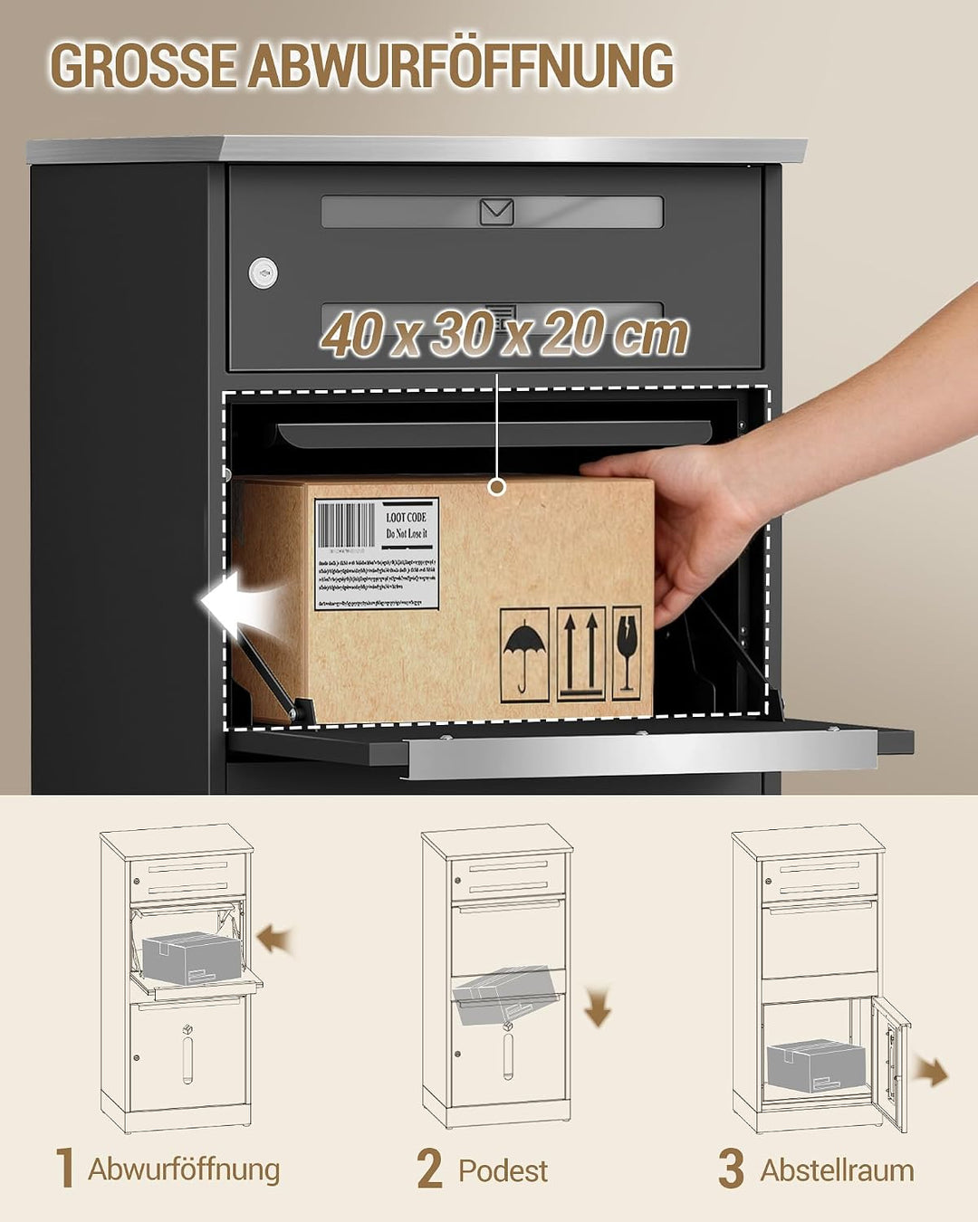 Hzuaneri Paketbox, Paketbriefkasten XXL mit Paketfach, Sichtfenster, Stahl, Abschliessbar, Standbrie