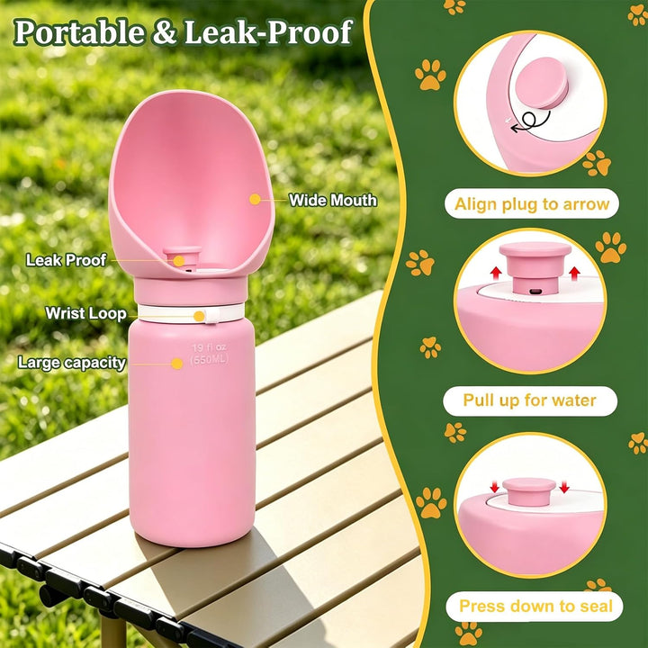 Faltbare Hunde-Wasserflasche, Auslaufsicherer Haustierspender, Rosa, Rosa