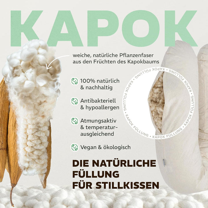 sei Design Stillkissen XXL 190x35 cm, Natur Kapok, Musselin Bezug aus Bio-Baumwolle, Schwangerschaft