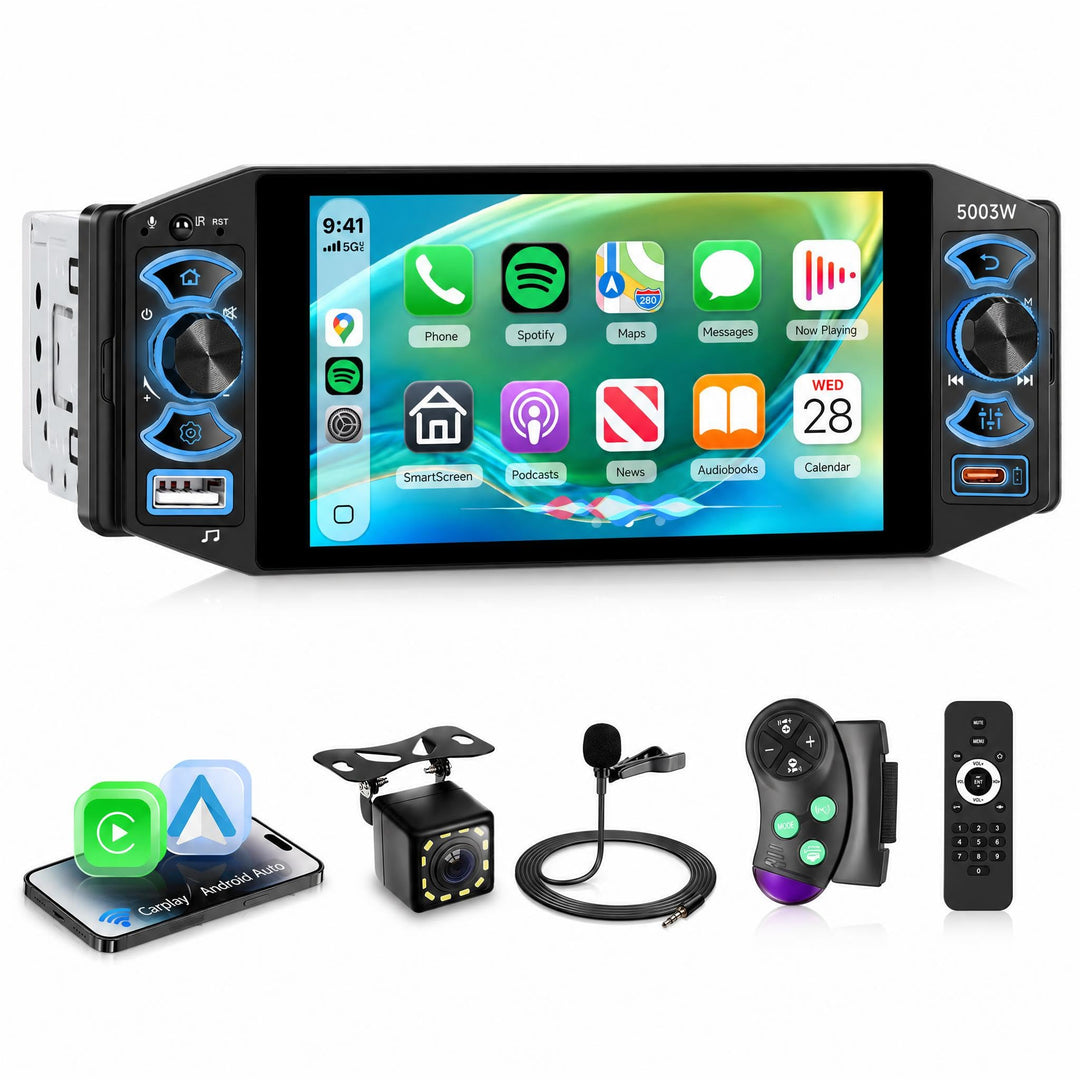 Rimoody Autoradio 1 Din mit Wireless Carplay Android Auto Bluetooth 5.2 FM/AM/RDS, 5 Zoll IPS Touchs