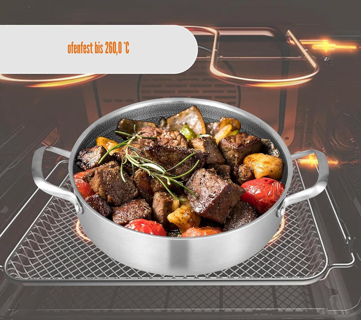 Inqibee Schmorpfanne 24 cm Hoher Rand, Schmortopf mit Deckel 2.8L, Edelstahl 18/10 antihaftbeschicht