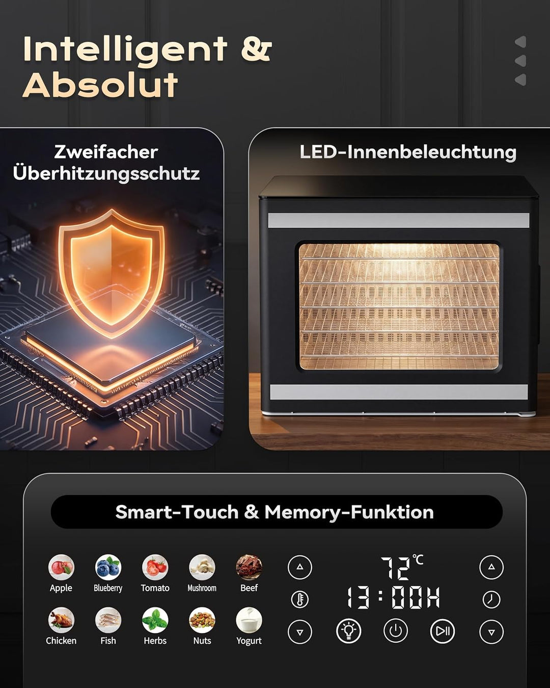 TRIUMPHKEY Dörrautomat mit 6 Edelstahl-Dörrtabletts, Dörrgerät für Obst, Gemüse, Fleisch, Pilze, Krä