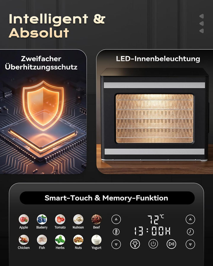 TRIUMPHKEY Dörrautomat mit 6 Edelstahl-Dörrtabletts, Dörrgerät für Obst, Gemüse, Fleisch, Pilze, Krä