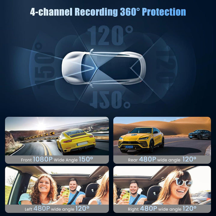 4 Kanal Dashcam Auto, 360 Grad Dash Cam FHD 1080P Vorne Hinten Innen Links und Rechts, Autocamera mi