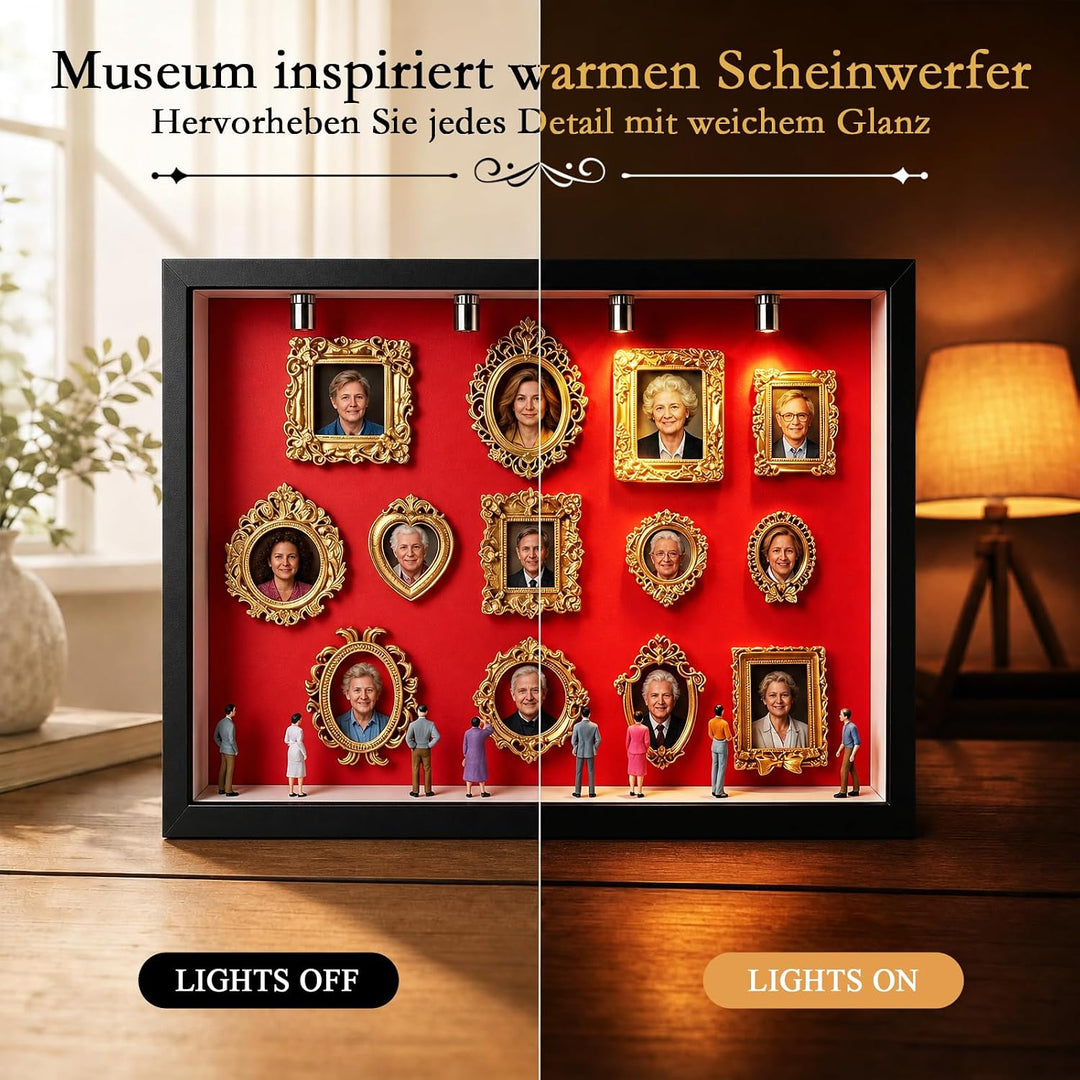 DIY Mini Museum Silhouette Box, Mini Museum Bilderrahmen mit LED Licht,13 Mini Goldrahmen &amp; 16 Figur