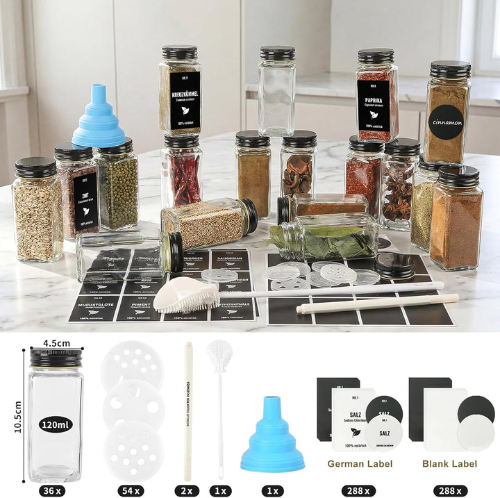36pcs Gewürzgläser Eckig mit Aluminiumdeckel 120ml Glasbehälter Schwarz 36, Schwarz 36