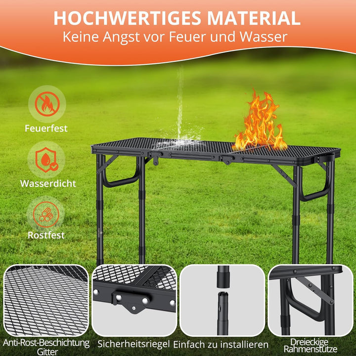 FUNYKICH Tragbarer Grilltisch 87 x 40cm,Campingtisch Outdoor Klappbar mit 3 Höhen Verstellbarer(26/4