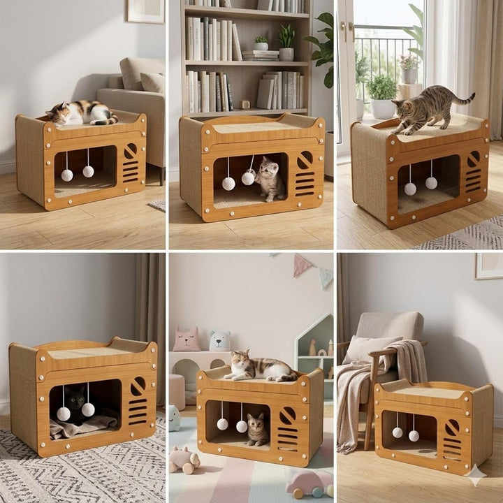 Katzenkratzhaus aus Holz im TV-Design Gelb mit Spielball – 2-in-1 Katzenhaus &amp; Kratzmöbel, Robustes