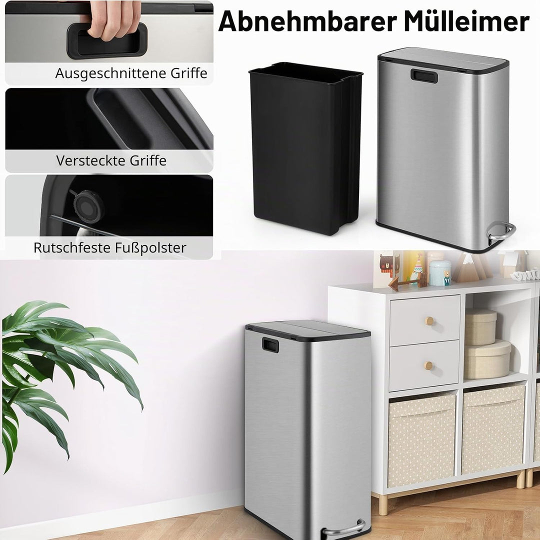 LIFEZEAL 45L Mülleimer, Mülltrennsysteme mit Deckel für Mülltrennung, Bin aus Edelstahl mit doppelte