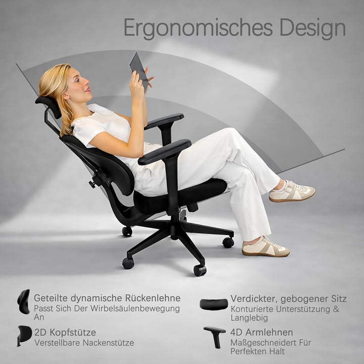 Flex Ergonomischer Bürostuhl mit dynamisch geteilter Rückenlehne, 8 cm Ultra-verdickter Sitz aus hoc