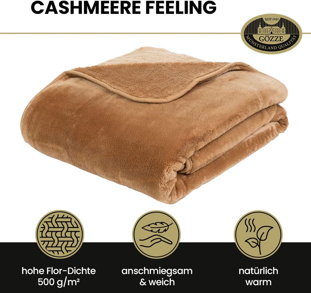 Gözze - Premium Cashmere-Feeling Wohn- und Kuscheldecke, 500 g/m², 220 x 240 cm - Sand Sand 220 x 24
