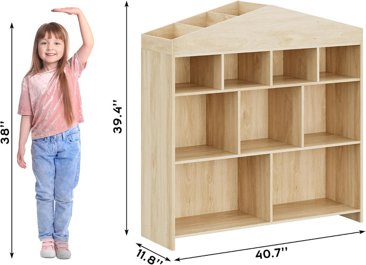 Kinderregal mit 9 Fächern, Naturholz, Spielzeugregal, Natur