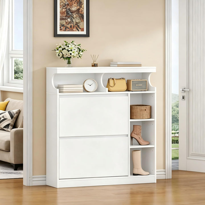Hzuaneri Schuhschrank mit 2 Klappen, Schmal Schuhschrank mit 3 Ablagefächer, Trennwand Verstellbar,