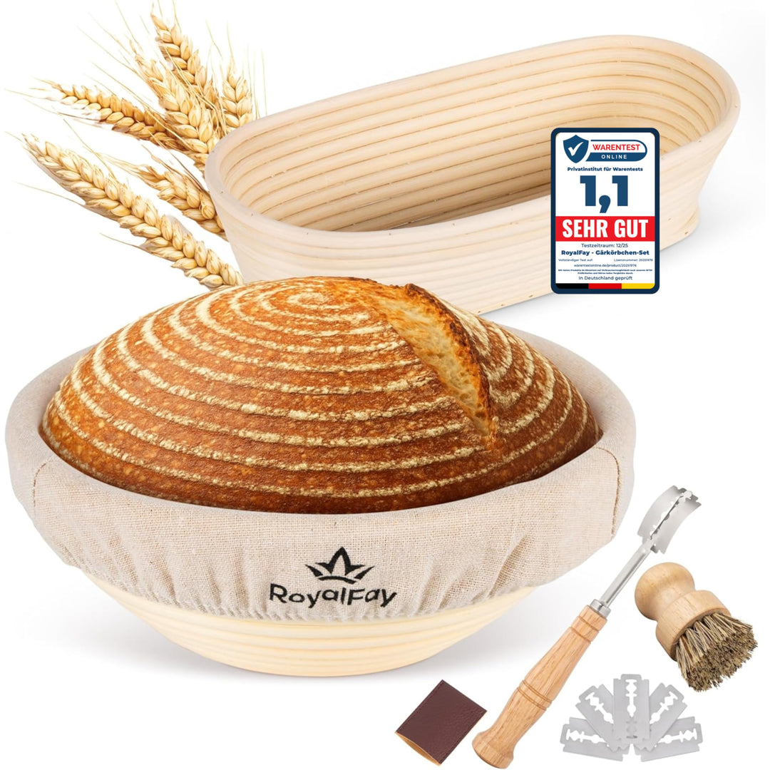 Gärkörbchen-Set – 1 ovaler (23cm) + 1 runder (23cm) Gärkorb aus atmungsaktiven Natur-Rattan – mit Me