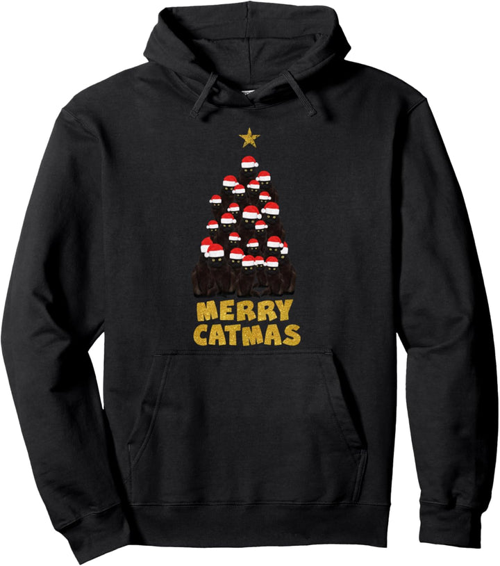 Merry Catmas Weihnachtsbaum Katzen Nikolausmütze Geschenk Pullover Hoodie