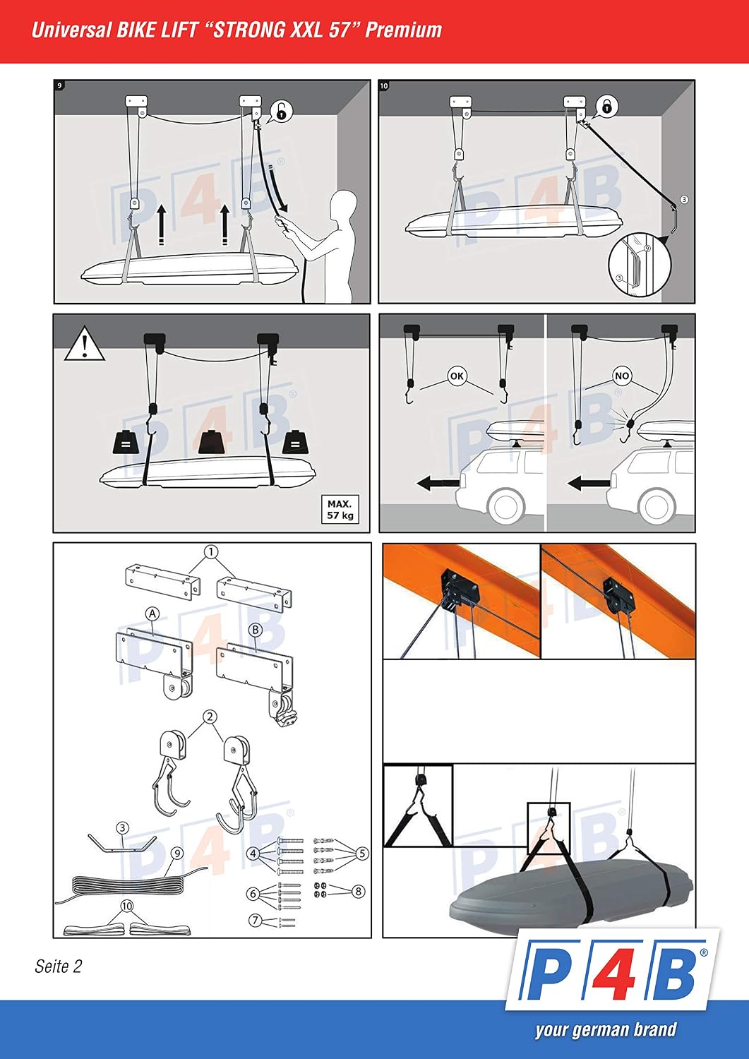 P4B | Fahrradlift mit Flaschenzug - PREMIUM mit 57 kg Hebelast zur Deckenmontage | Inkl. 2x Haltegur