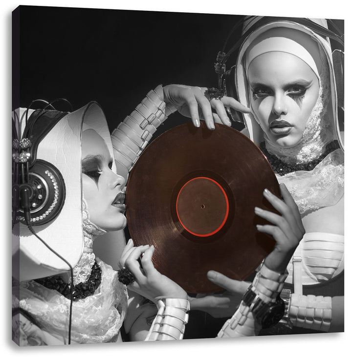 Pixxprint Mysteriöse DJ Frauen Schwarz/Weiss, Format: 70x70 auf Leinwand, 70x70
