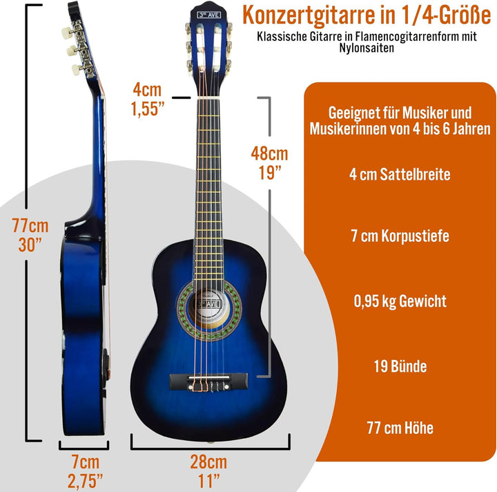 3rd Avenue 1/4 Flamencogitarren-Starterset in Kindergrösse mit Nylonsaiten – mit Tasche, Saiten – in