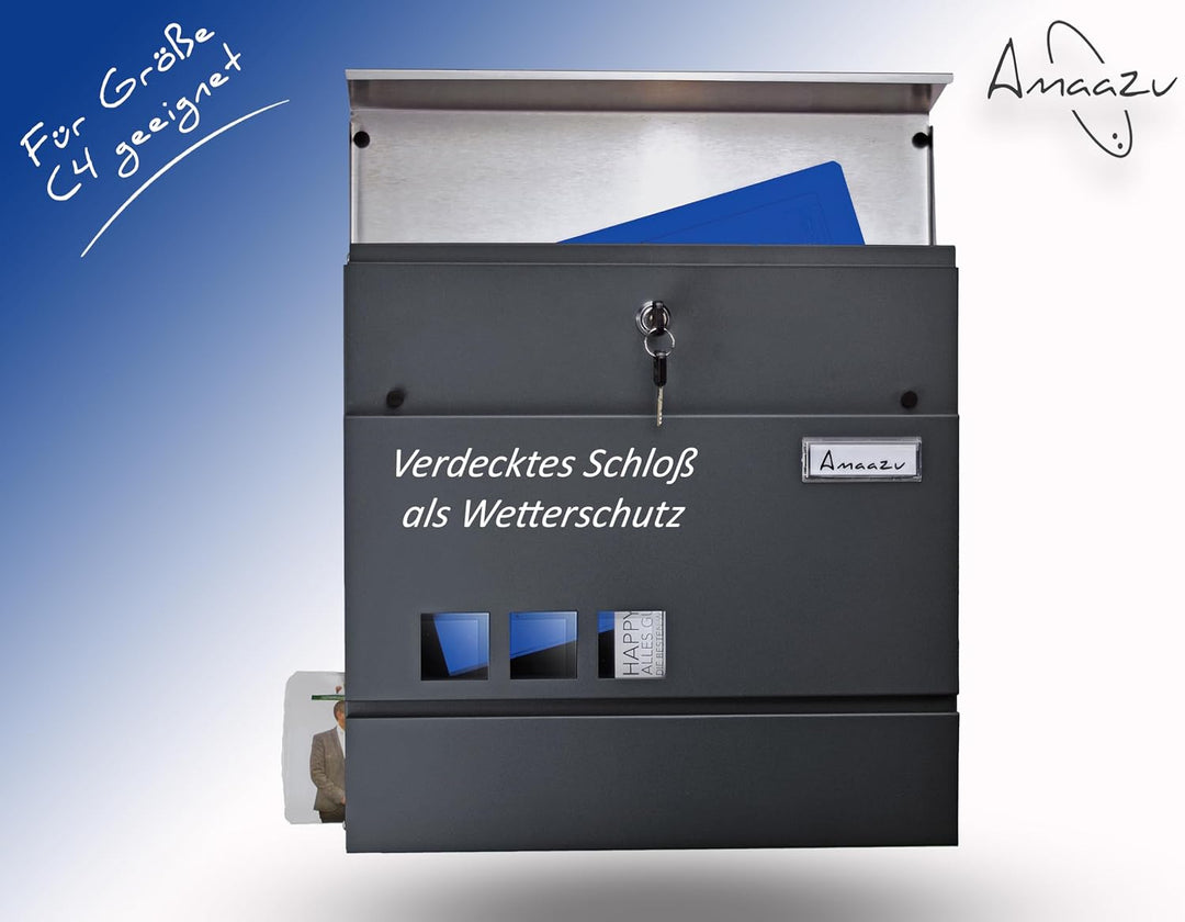 Briefkasten anthrazit - Edelstahl, mit Sichtfenster und Namensschild, Postkasten mit Zeitungsfach, S
