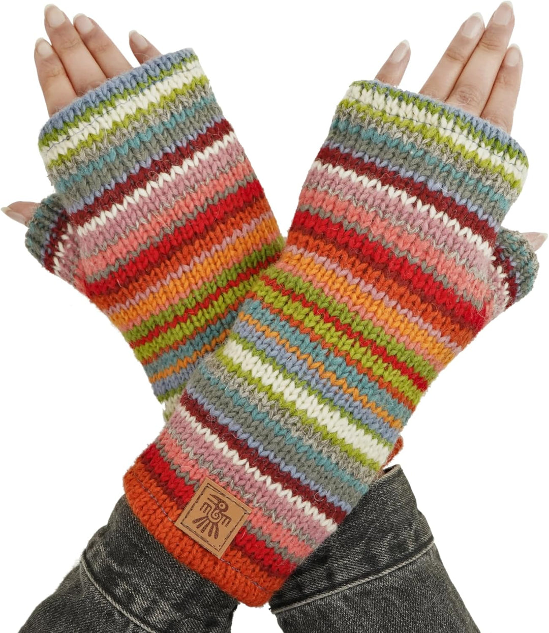 Damen Wolle Handwärmer Sherpa Fleece gefüttert Handgestrickt Mehrfarbig Streifen Einheitsgrösse Hand