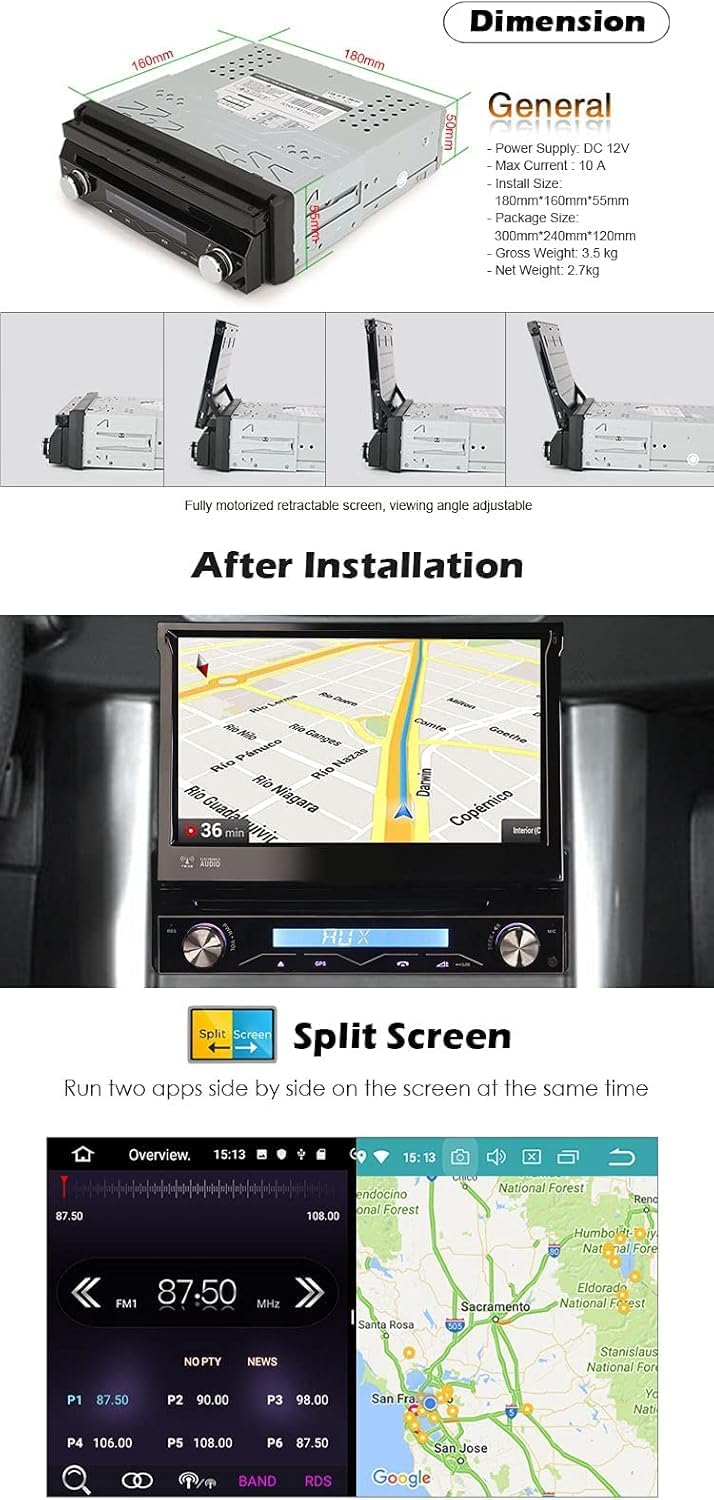 Erisin 7 Zoll Android 10 Abnehmbar 1Din Universal Autoradio mit GPS Navi HD Touchscreen Unterstützt