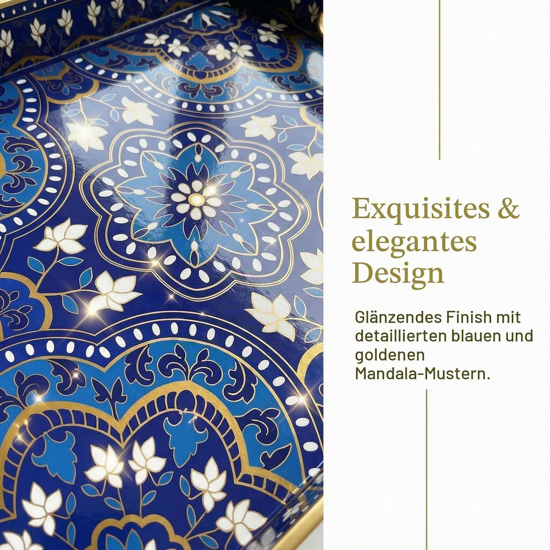 Dekoratives Serviertablett mit Griffen - 40 cm x 30 cm Blaues Mandala-Muster Rechteckiges Kunststoff