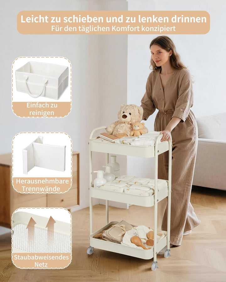 Fortella Wickeltisch Organizer Tragbar mit Rollwagen, Baby Essentials-Beige, Beige