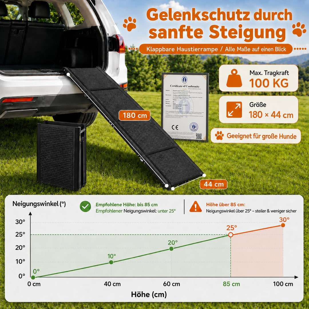 180cm Pro Hunderampe Auto klappbar, Rutschfester Teppich bis 100kg