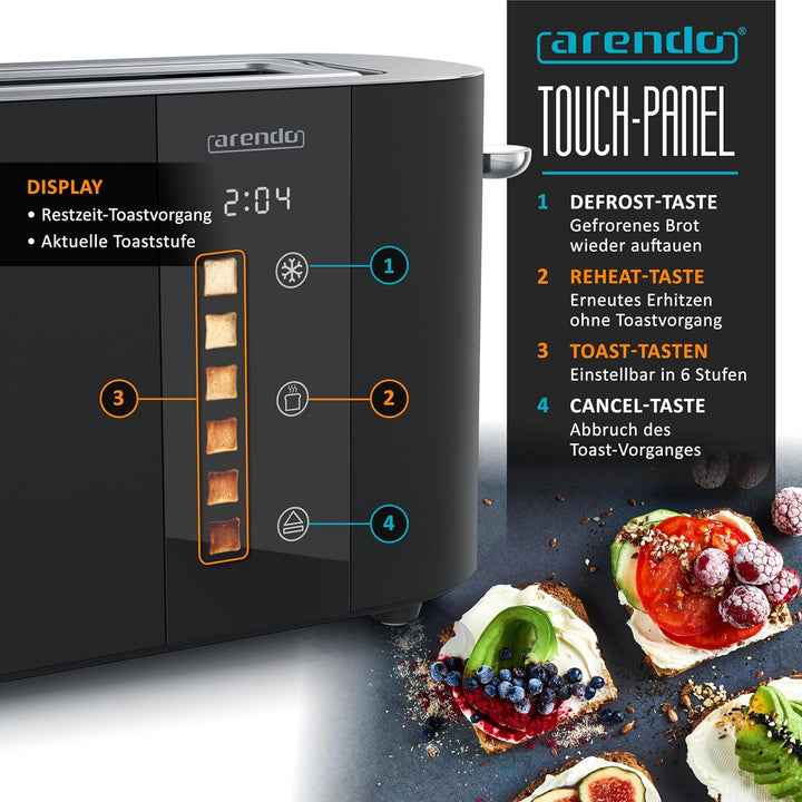 Arendo - Edelstahl Toaster 2 Scheiben Langschlitz - Touchscreen – Doppelwandgehäuse – Integrierter B