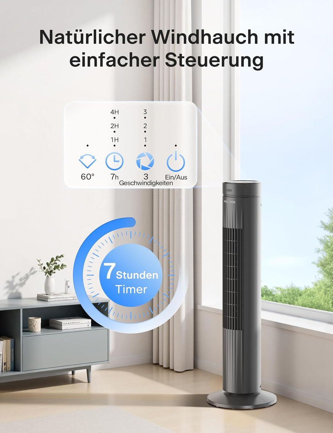 Pelonis Sehr Leiser Turmventilator, Ventilator mit Fernbedienung Kühlung, 3 Geschwindigkeiten, Tower
