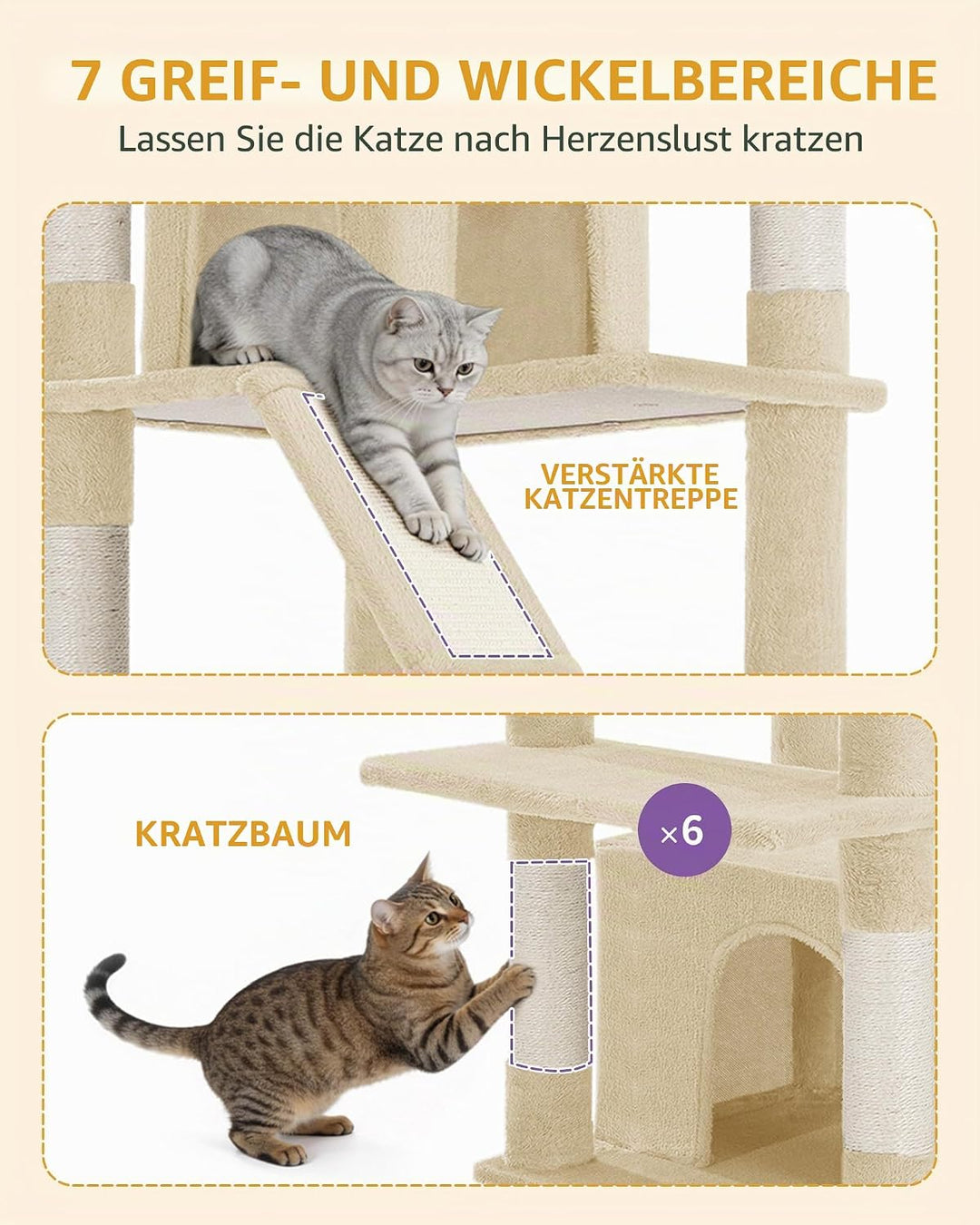 Hzuaneri Kratzbaum Gross, 183 cm Hoch, XL Katzenbaum, 2 Plattformen, 2 Höhlen, 6 Kratzstämme, Kratzb