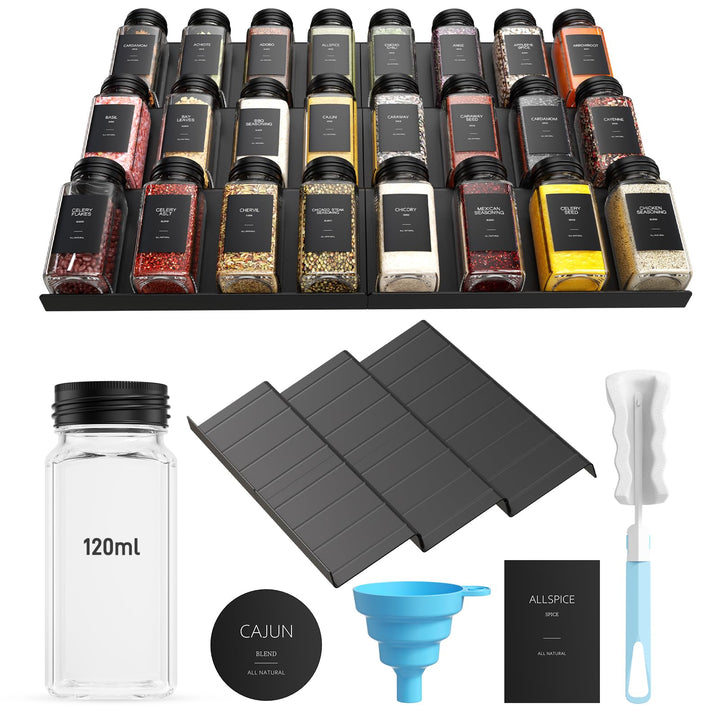 Gewürzgläser mit Regal [24 x 120ml], Gewürzregal Schublade mit Gläsern mit 6 Gewürzregal Schublade,