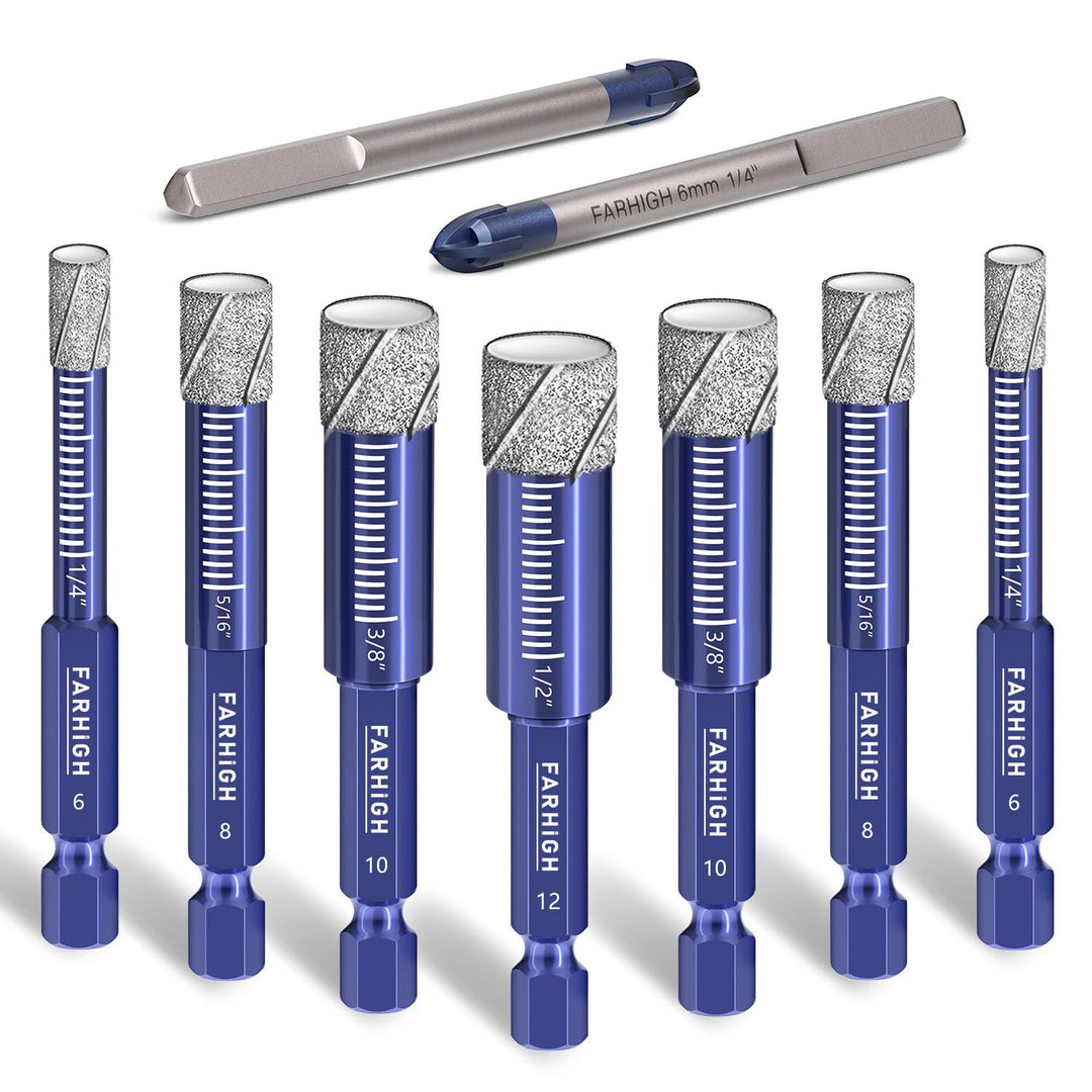 Diamantbohrer Fliesenbohrer Glasbohrer Set 9 tlg. 6, 8, 10, 12mm &amp; 6mm Wolframstahl-Legierungsbohrer