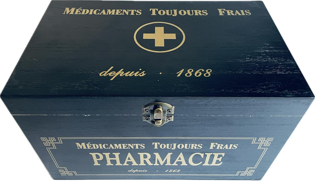 khevga Medikamentenbox „PHARMACIE“ – Aufbewahrungsbox in Holzoptik, Schwarz/Gold, MDF, 25 × 15 × 15