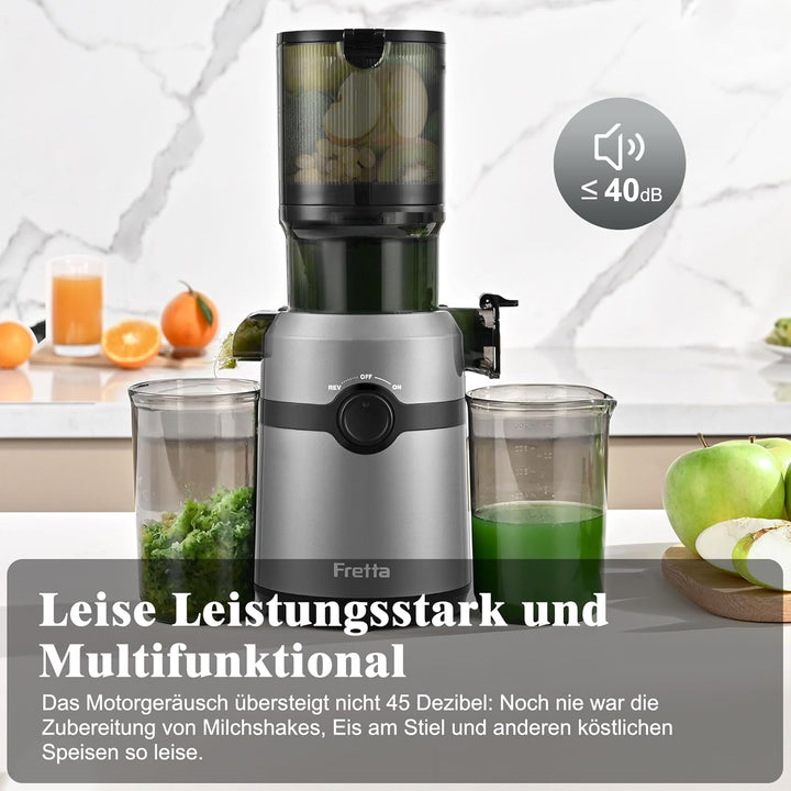 Fretta Entsafter,Slow Juicer mit 108MM Breite und Grössere Fütterungsröhre,Füllvolumen für ganze Gem