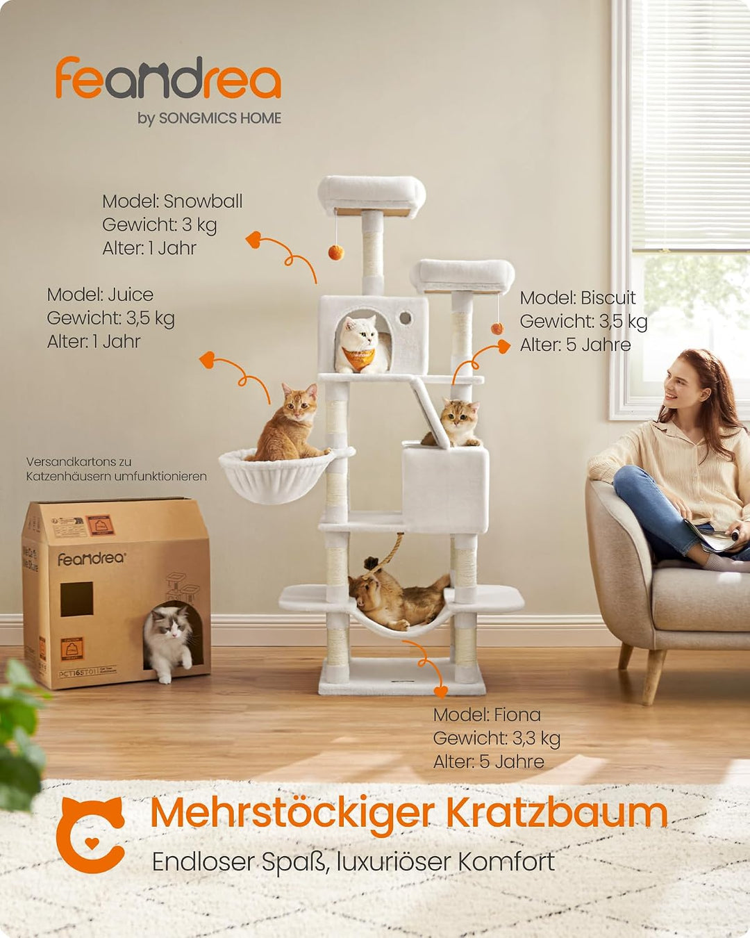 Feandrea Kratzbaum gross, L, 165 cm hoch, 13 Kratzsäulen, 2 Plattformen Cremeweiss L (55 x 45 x 165