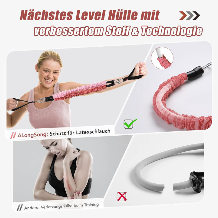ALongSong Fitnessbänder Set mit 6 Widerstandsbänder 20-180Lbs oder 20-240Lbs &amp; Pilates-Stange, Griff