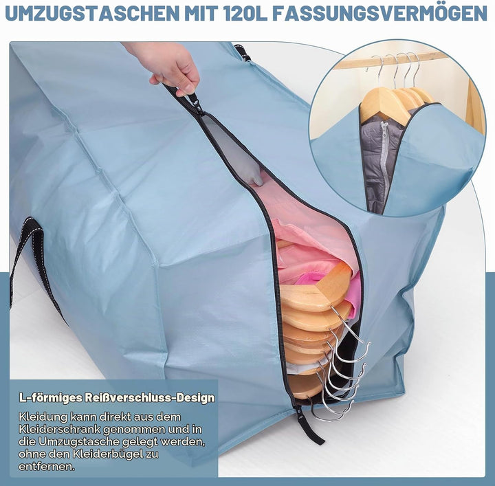 Dntorx 4 Stück 120L Aufbewahrungstasche Gross, Umzugskartons Hellblau Hellblau 120l 4er-Pack, Hellbl