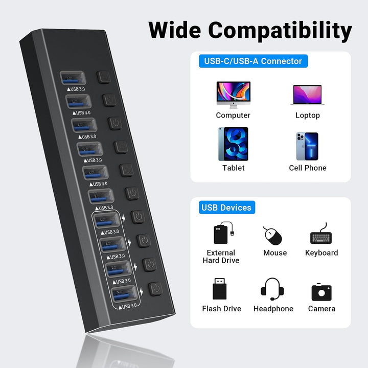USB-3.0-Hub, Aluminium, 10 Anschlüsse, USB-3.0-Daten-Hub mit 12 V/4 A (48 W) Netzadapter und individ