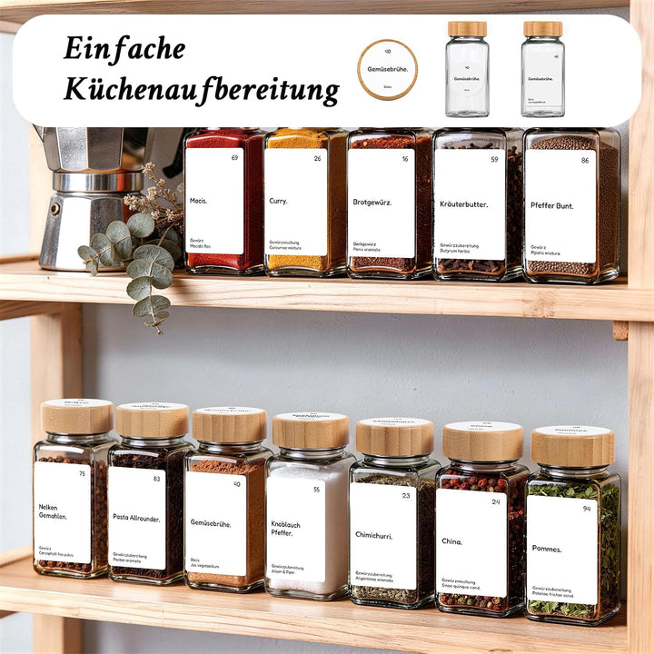 MHDCLY 24er Set Gewürzgläser Eckig mit Bambusdeckel (120ml) - Luftdichte Spice Jars &amp; Gewürzstreuer
