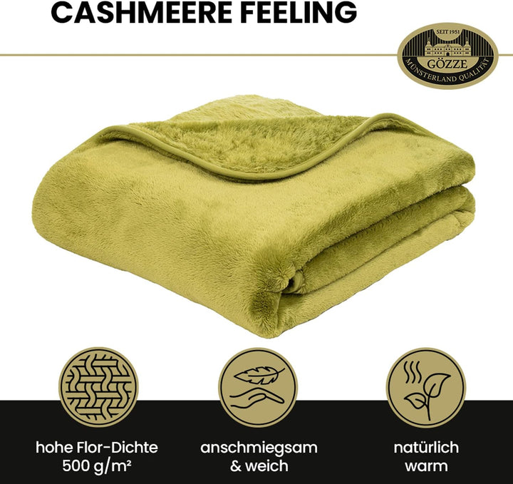 Gözze - Premium Cashmere-Feeling Wohn- und Kuscheldecke, 500 g/m², 220 x 240 cm - Limonengrün, Limon