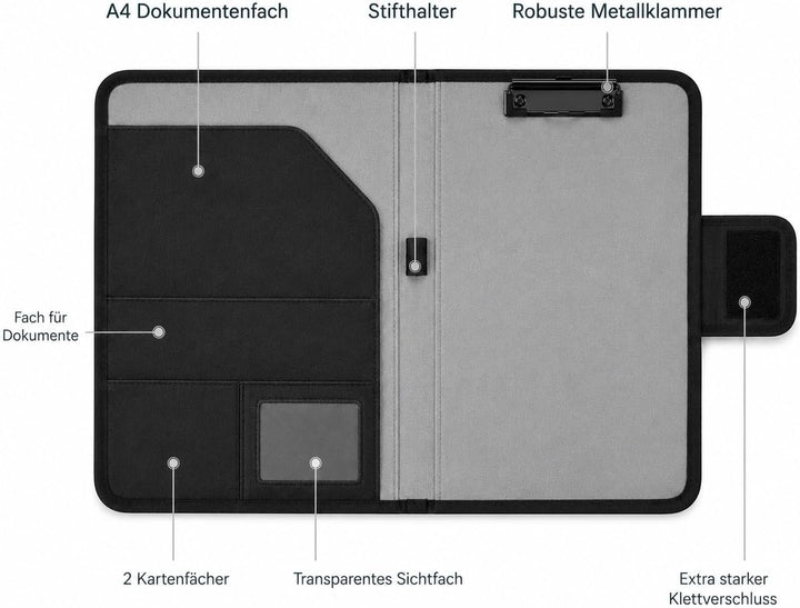 A4 Klemmbrett Mappe mit Dokumentenfach, Stifthalter &amp; Klettverschluss