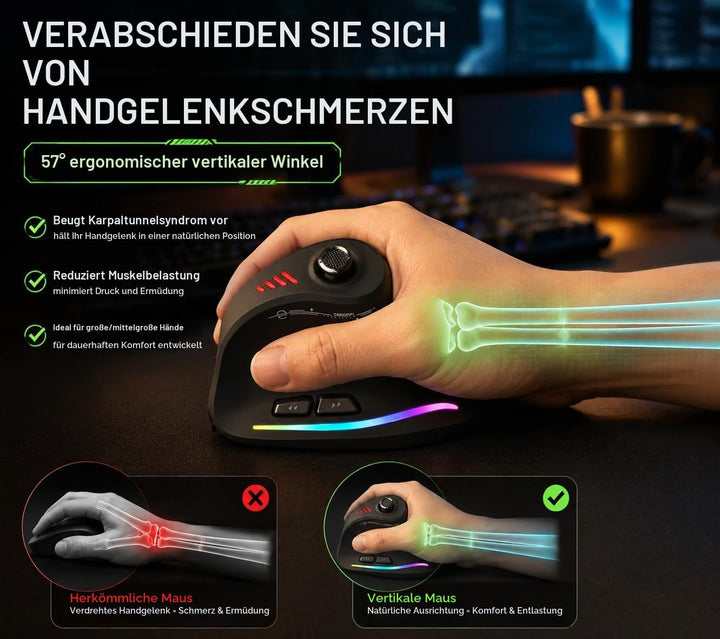 Kabellose Ergonomische Maus mit Joystick, vertikale Bluetooth-Gaming-Maus, 12 programmierbare Tasten