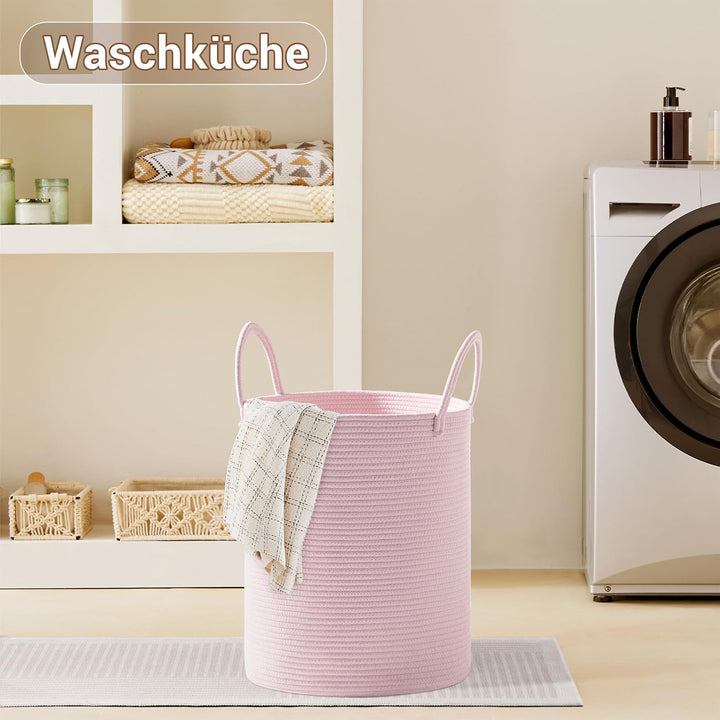 72L Wäschekorb Geflochten mit Henkel Rund, Rosa | Baumwollhenkel Aufbewahrungskorb Für Wäsche Decken