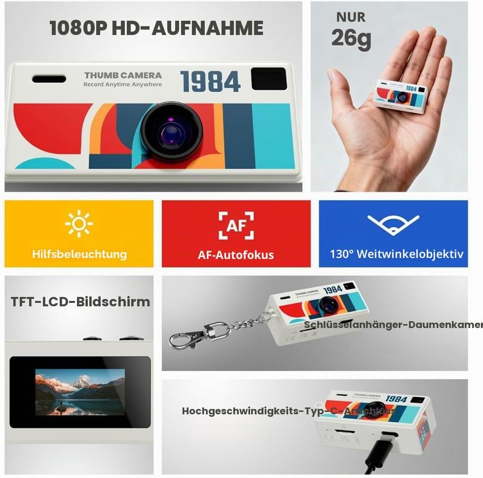 Mini-Daumenkamera-Rucksackanhänger, Digitalkamera, Fotos Aufnehmen und Hochladen, 1080p HD Perfekte