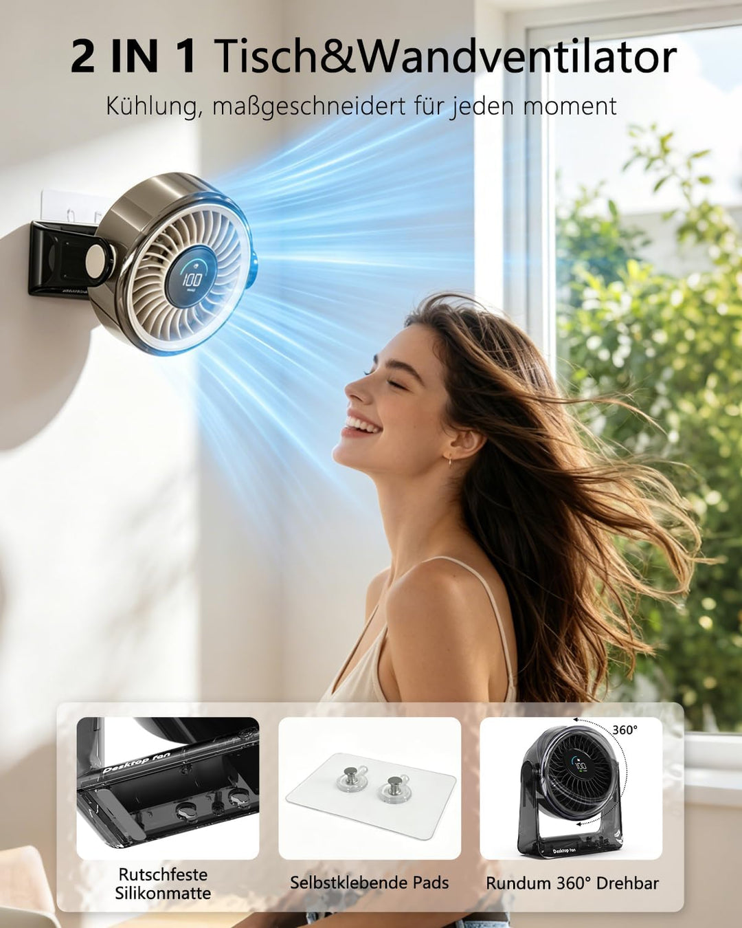 Tischventilator, USB Ventilator Akku, 6 Geschwindigkeiten Leise Ventilator mit LED Display, 360 ° Dr
